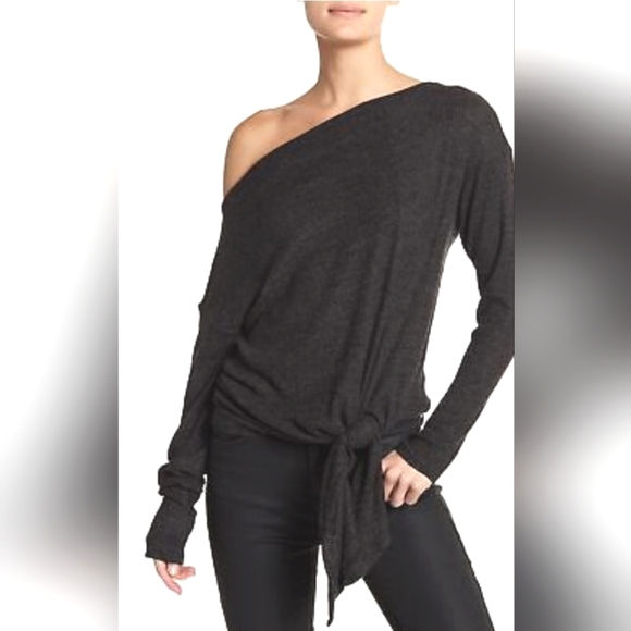Harlowe & Graham Tie-Front Top Ribbed Off Shoulder Charcoal Gray Long Sleeves - Picture 1 of 13